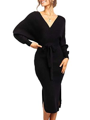 Women's Long Maxi Sweater Dresses Sexy Wrap Batwing V Neck Slit Open Back Holiday Bodycon Dress with Belt