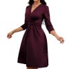 Women's Casual 3/4 Sleeve V-Neck A-Line Dress Cocktail Church Flare Swing Semi Formal Midi Fall Dresses with Pockets
