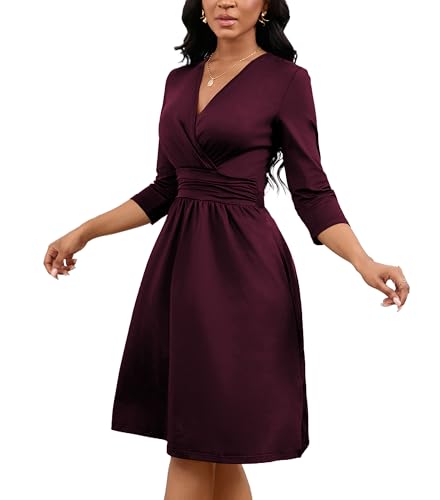 Women's Casual 3/4 Sleeve V-Neck A-Line Dress Cocktail Church Flare Swing Semi Formal Midi Fall Dresses with Pockets