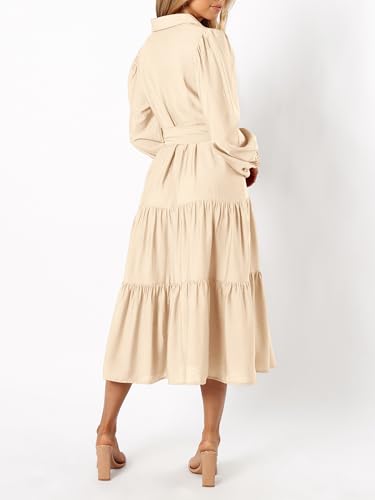 Womens Dresses 2025 Fall Long Sleeve Midi Dress Casual V Neck Button Down Tiered Flowy Aline Tie Waist Shirt Dress