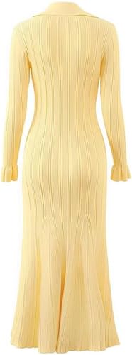 Women's Four-Season Solid Knit Dress Long Sleeve Button Down Casual Ankle Length