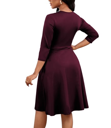 Women's Casual 3/4 Sleeve V-Neck A-Line Dress Cocktail Church Flare Swing Semi Formal Midi Fall Dresses with Pockets