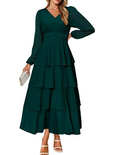 Womens Flowy Maxi Dress Chiffon Long Sleeve Slit V Neck Casual Ruffle Tiered Boho Fall Wedding Guest Long Dress