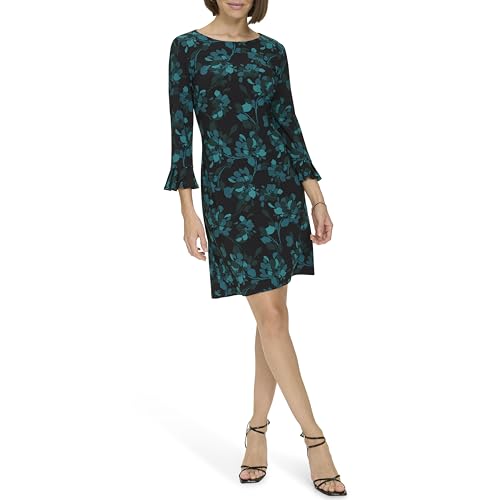Women's 3/4 Sleeve Pleated Cuffs Shift Dress