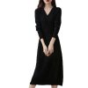 Women's Cashmere V-Neck Long Sleeve Thick Knitted Dress Merino Wool A-Line Dress for Winter