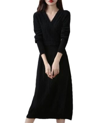 Women's Cashmere V-Neck Long Sleeve Thick Knitted Dress Merino Wool A-Line Dress for Winter