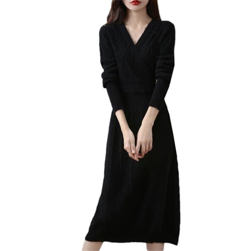 Women's Cashmere V-Neck Long Sleeve Thick Knitted Dress Merino Wool A-Line Dress for Winter