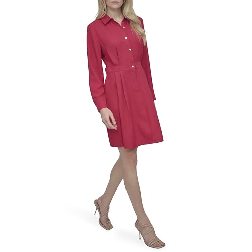 Women's Long Sleeve Collared Neck Button Front Mini Dress with Pockets