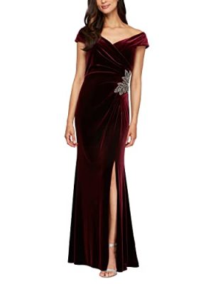 Womens Long Velvet Off The Shoulder Fit and Flare Holiday Dress, Formal Gown (Petite and Regular Sizes)