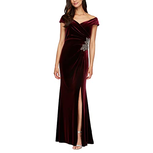 Womens Long Velvet Off The Shoulder Fit and Flare Holiday Dress, Formal Gown (Petite and Regular Sizes)
