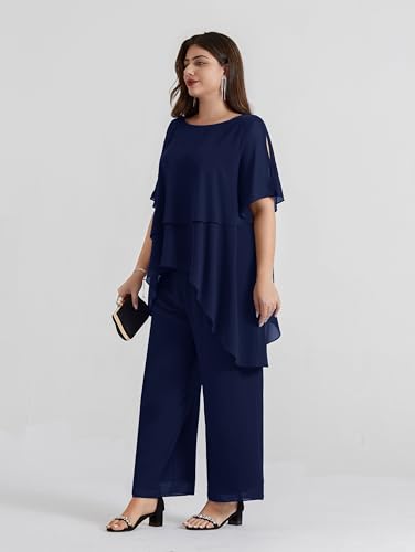 2025 Plus Size Mother of The Bride Pant Suits 2 Piece Chiffon Sets Ruffle Asymmetric Layers Wedding Guest Outfit