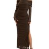 Women Off Shoulder Dress Long Sleeve Bodycon Mesh Ruched High Split Fall Formal Wedding Guest Maxi Dresses