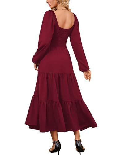 Womens Casual Fall Dress Puff Long Sleeve Square Neck A Line Flowy Long Dresses