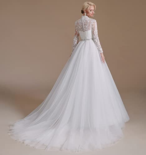 Women's Long Sleeves A-line Beaded Applique Tulle Wedding Dress
