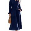 Womens Long Sleeve Fall Long Dress Swiss Dot Maxi Wedding Guset Dress Boho V Neck Casual Dress with Pockets