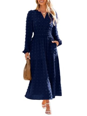 Womens Long Sleeve Fall Long Dress Swiss Dot Maxi Wedding Guset Dress Boho V Neck Casual Dress with Pockets