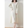 Women's Curled O Neck Wool Long Sleeve Temperament Commuting Knitted Dress for Fall Winter