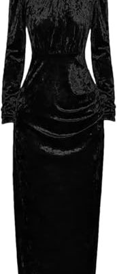 Women's Velour Evening Dress Standing Collar Long Sleeve Ruched Slim Closed Waist