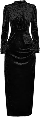 Women's Velour Evening Dress Standing Collar Long Sleeve Ruched Slim Closed Waist