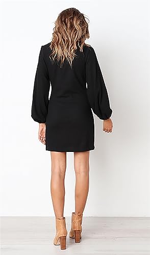 Womens Fall Elegant Long Lantern Sleeve Short Dress Wedding Guest Crewneck Tie Waist Knit Cocktail Dresses