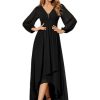 Women's Fall Elegant A Line V Neck Ruched High Low Long Sleeve Formal Wedding Guest Dresses 2043