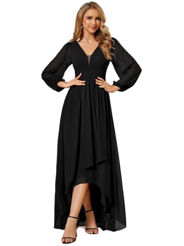 Women's Fall Elegant A Line V Neck Ruched High Low Long Sleeve Formal Wedding Guest Dresses 2043