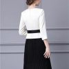 Women Long Sleeve Lace-Up Pleated Crewneck Patchwork Party Dress