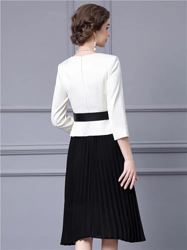 Women Long Sleeve Lace-Up Pleated Crewneck Patchwork Party Dress