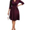 Women's Casual 3/4 Sleeve V-Neck A-Line Dress Cocktail Church Flare Swing Semi Formal Midi Fall Dresses with Pockets