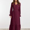Women Maxi Dress 2025 Fall Long Sleeve V Neck Swiss Dot Boho Smocked High Waisted A-Line Tiered Flowy Long Dresses