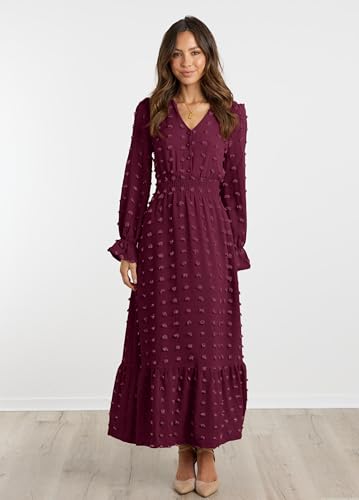Women Maxi Dress 2025 Fall Long Sleeve V Neck Swiss Dot Boho Smocked High Waisted A-Line Tiered Flowy Long Dresses