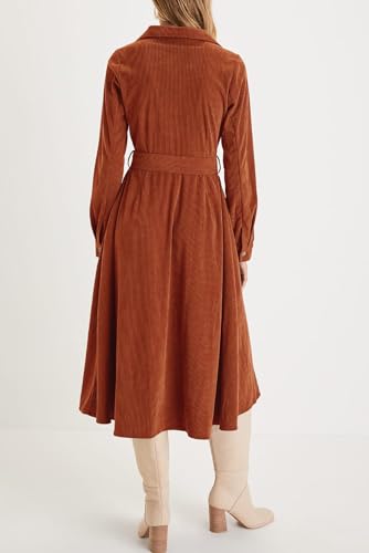 Womens Fall Winter Corduroy Midi Dress Long Sleeve V Neck Button Down Belted Flowy Shirt Dress with Pockets