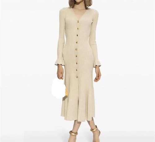 Women V-Neck Stretch Knit Long Sleeve Bodycon Dress Ruffled Hem Fishtail Irregular Button Elegant Outfit
