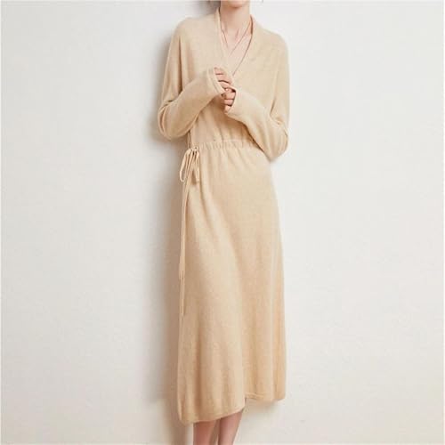 Women V-Neck Cashmere Knit Sweater Dress Long Sleeve Loose Fit Casual Dresses