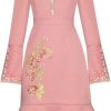 Women's Embroidery Floral Midi Dress Stand Collar Long Sleeve Fall Winter Warm Party Dress