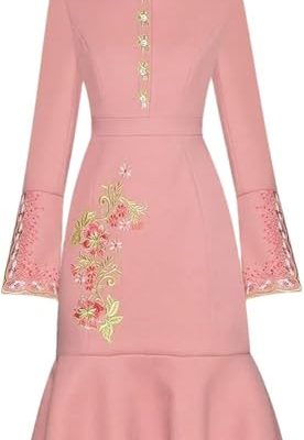Women's Embroidery Floral Midi Dress Stand Collar Long Sleeve Fall Winter Warm Party Dress
