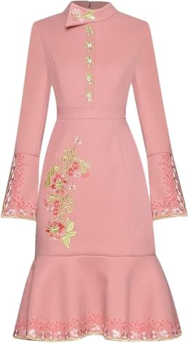 Women's Embroidery Floral Midi Dress Stand Collar Long Sleeve Fall Winter Warm Party Dress