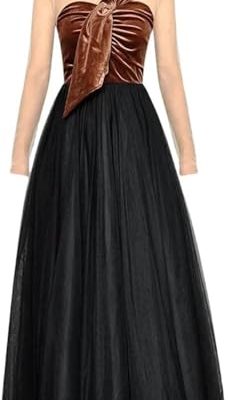 Women Long Sleeve Patchwork Bow Velour Mesh Crewneck Party Dress