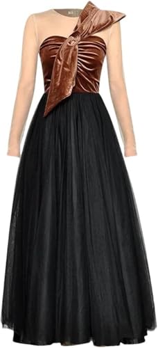 Women Long Sleeve Patchwork Bow Velour Mesh Crewneck Party Dress