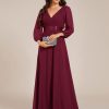 Women's Chiffon A-Line Floor Length V Neck Pleated Long Sleeves Evening Formal Dress 03890