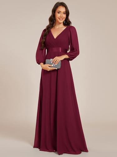Women's Chiffon A-Line Floor Length V Neck Pleated Long Sleeves Evening Formal Dress 03890