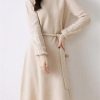 Women's Puff Sleeve Merino Wool Mock Neck Pullover Long Sweater Cashmere Dress for Fall Winter