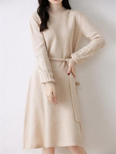 Women's Puff Sleeve Merino Wool Mock Neck Pullover Long Sweater Cashmere Dress for Fall Winter