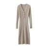 Women's Wool Waist Slimming Over Knee Half Open V-Neck Knitted Casual Dress for Fall Winter