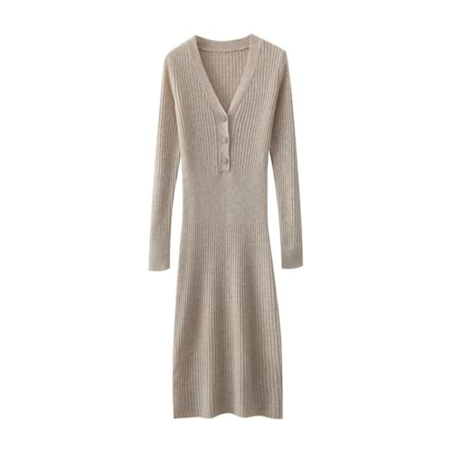 Women's Wool Waist Slimming Over Knee Half Open V-Neck Knitted Casual Dress for Fall Winter