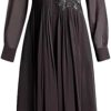 Women Embroidered Lapel Shirt Dress Lace-Up Long Sleeve Midi Dress