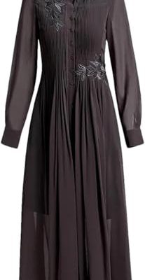 Women Embroidered Lapel Shirt Dress Lace-Up Long Sleeve Midi Dress