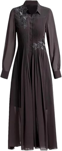 Women Embroidered Lapel Shirt Dress Lace-Up Long Sleeve Midi Dress