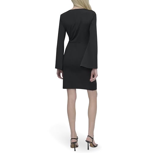 Women's Long Bell Sleeve V-Neck Twist Front Mini Dress