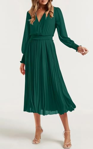 Womens Wrap V Neck Fall Dresses Wedding Guest Casual Pleated Long Sleeve Midi Dress Ruffle Smocked Long Dress